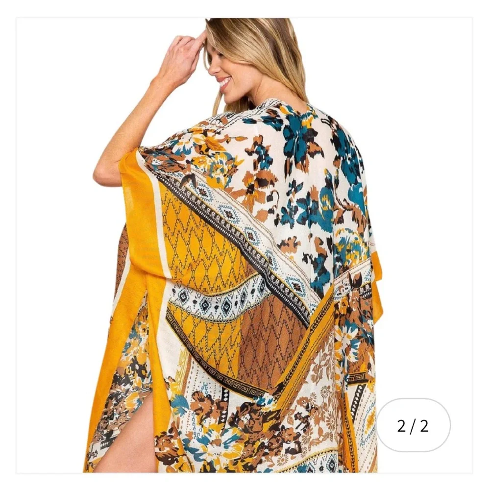 Woven Heart GOLD BLUE BROWN KIMONO W/ TASSELS‎